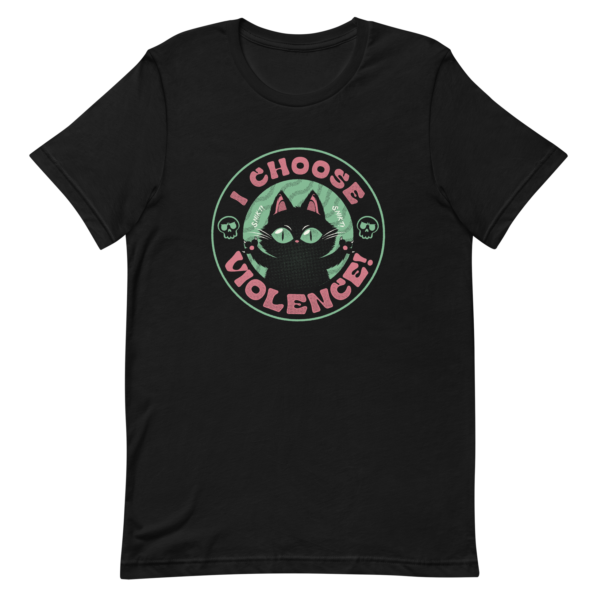 The image features a black cartoon-like cat with large, bright eyes and pointed ears, with a defiant look on its face. The cat is centered within a circular border. Surrounding the cat, the text reads 'I CHOOSE VIOLENCE!' in bold, playful font. There are also small skull illustrations flanking the cat on either side, adding a dark yet humorous tone to the design.