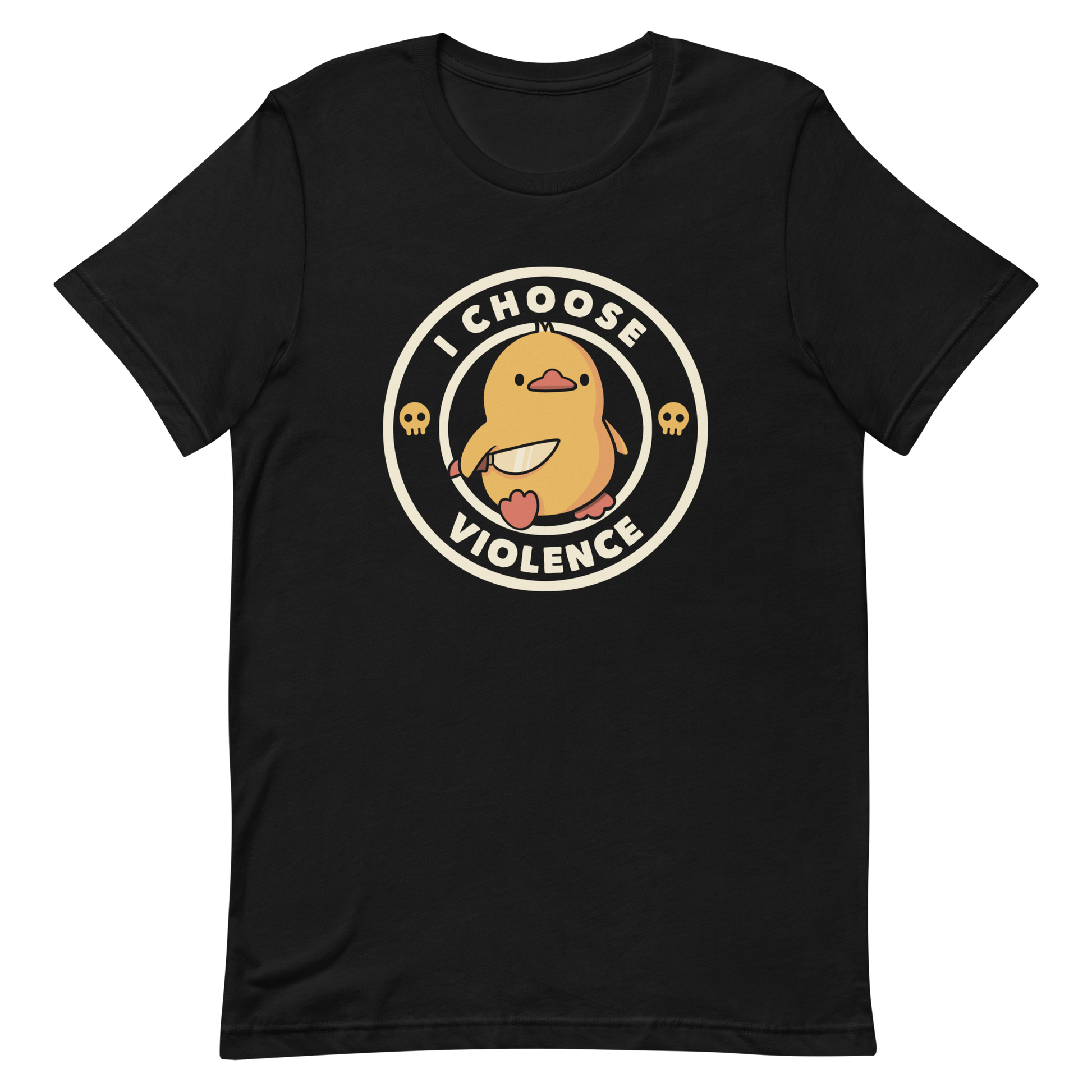 A cute, cartoon-style yellow duckling stands confidently holding a large knife in its wing. The duckling is encircled by text saying 'I CHOOSE VIOLENCE' in bold white letters. Small skull symbols flank the chick on either side, adding a touch of humor and irony to the otherwise adorable drawing.