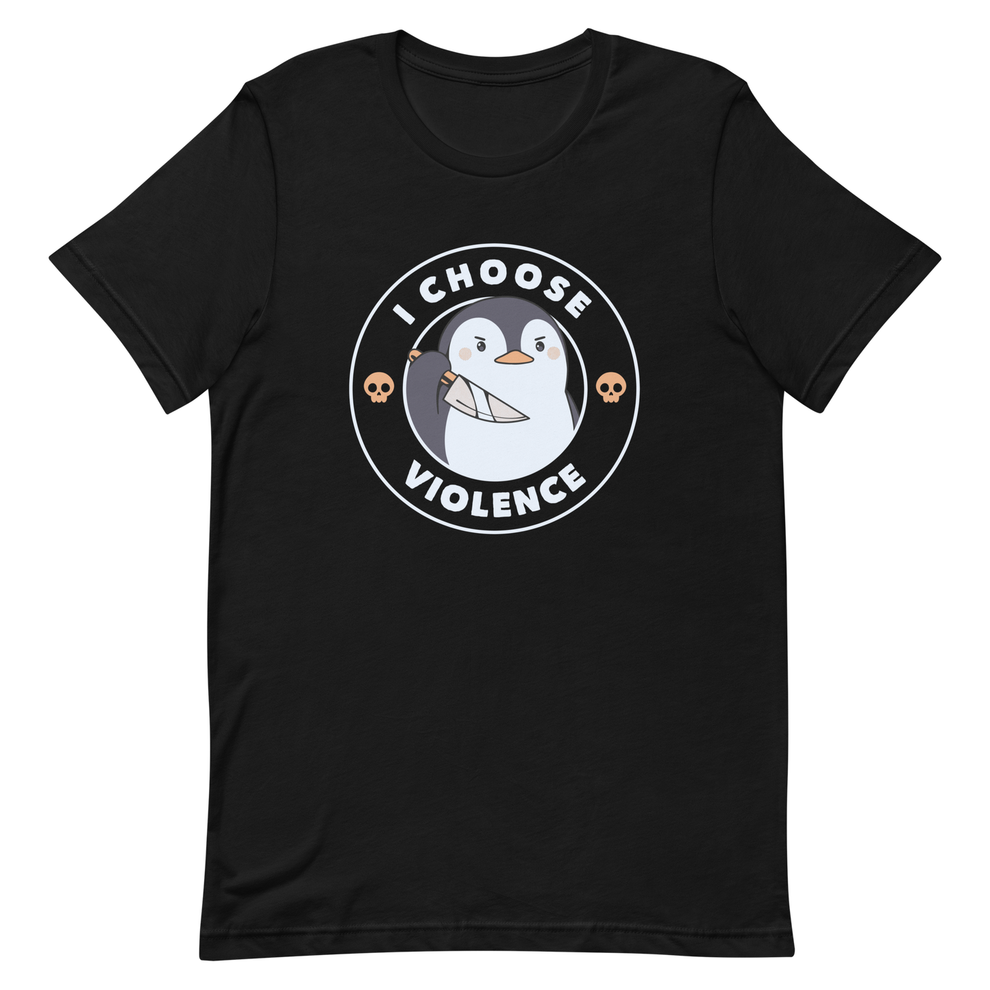 A cartoon-style penguin with a slightly menacing expression holds a large knife. It is surrounded by the words 'I CHOOSE VIOLENCE' in bold uppercase letters. There are two small orange skulls flanking the penguin. The overall design is circular and features contrasting colors for a dramatic effect.