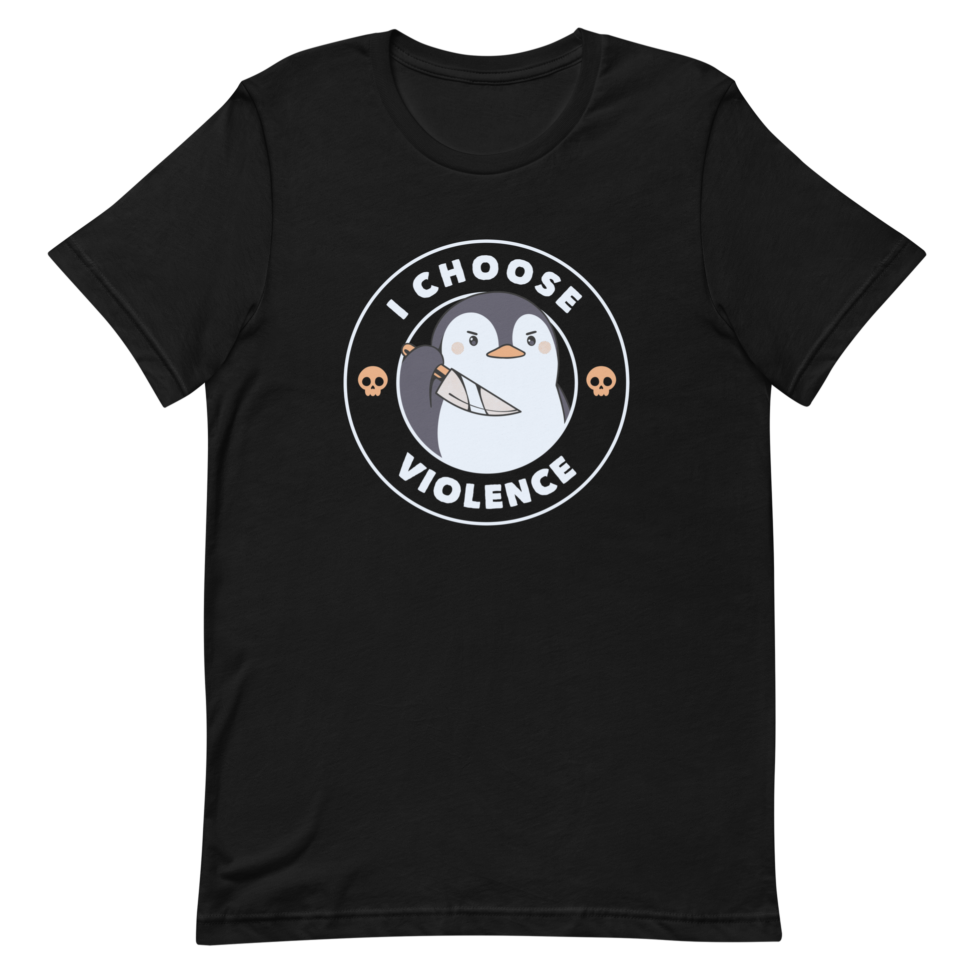 A cartoon-style penguin with a slightly menacing expression holds a large knife. It is surrounded by the words 'I CHOOSE VIOLENCE' in bold uppercase letters. There are two small orange skulls flanking the penguin. The overall design is circular and features contrasting colors for a dramatic effect.