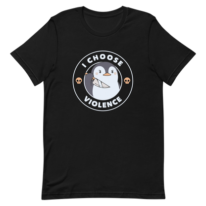 A cartoon-style penguin with a slightly menacing expression holds a large knife. It is surrounded by the words 'I CHOOSE VIOLENCE' in bold uppercase letters. There are two small orange skulls flanking the penguin. The overall design is circular and features contrasting colors for a dramatic effect.
