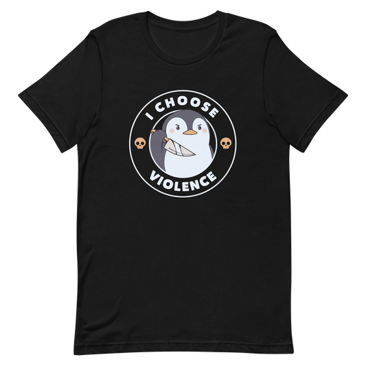 A cartoon-style penguin with a slightly menacing expression holds a large knife. It is surrounded by the words 'I CHOOSE VIOLENCE' in bold uppercase letters. There are two small orange skulls flanking the penguin. The overall design is circular and features contrasting colors for a dramatic effect.