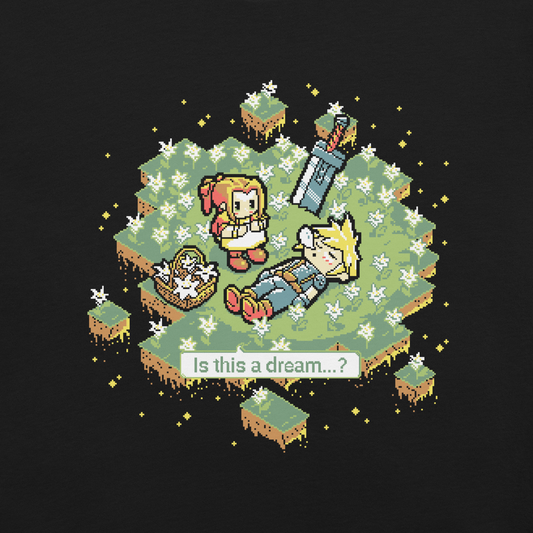 A peaceful pixel scene featuring a dreamy moment between two characters in a floating flower field.