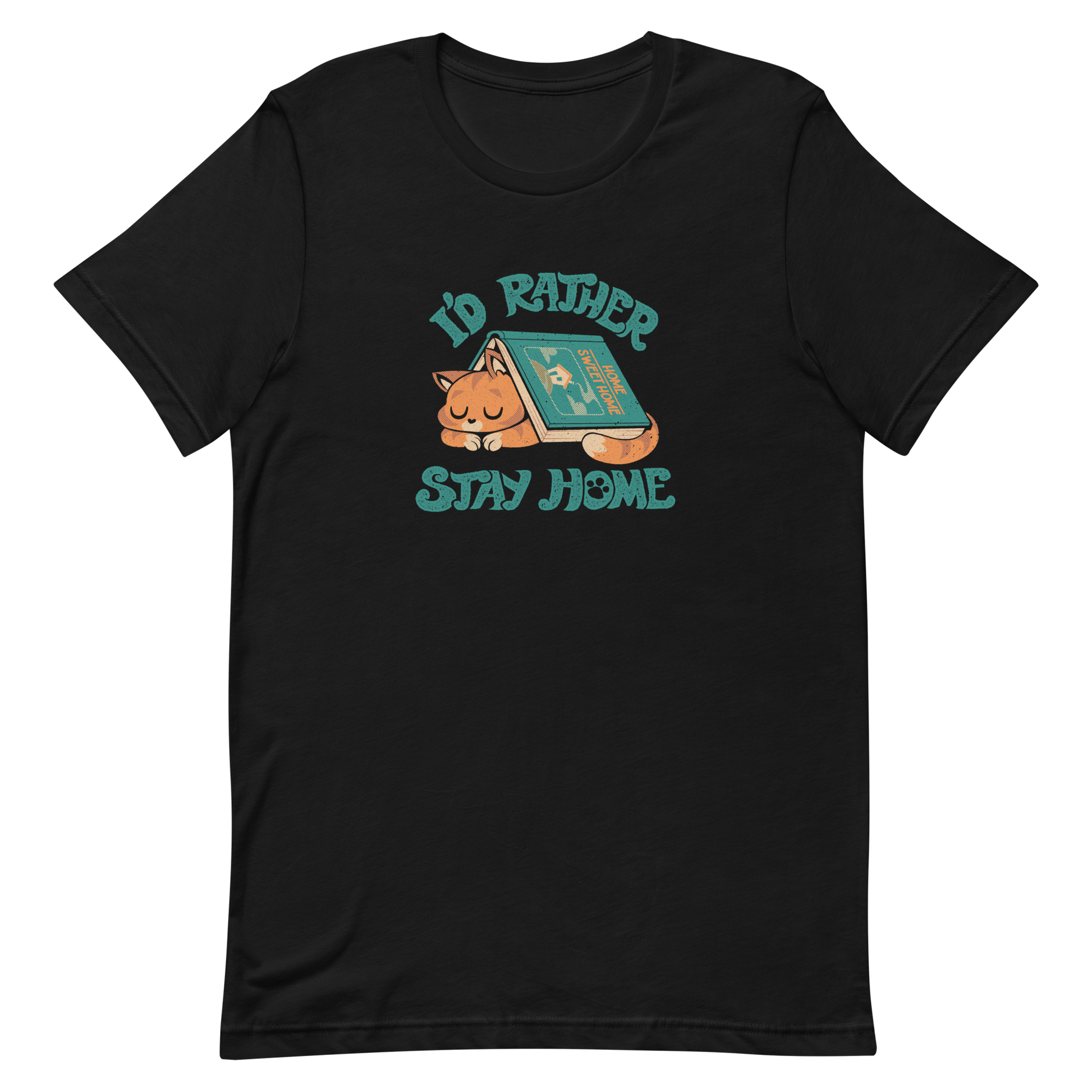 Sleeping orange cat under a book labeled 'Home Sweet Home' with the motto 'I'D RATHER STAY HOME'.