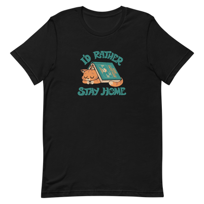 Sleeping orange cat under a book labeled 'Home Sweet Home' with the motto 'I'D RATHER STAY HOME'.