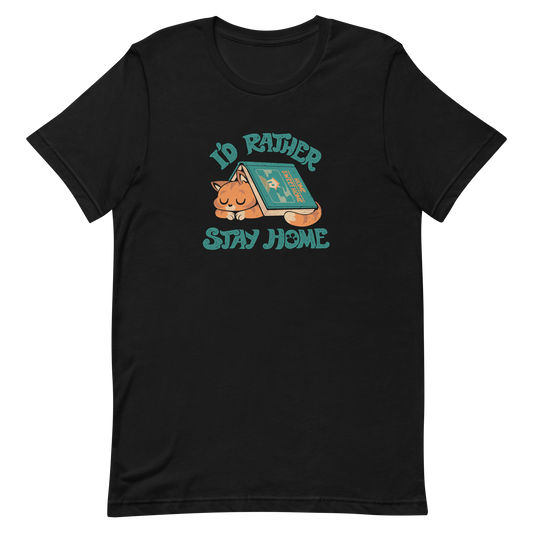 Sleeping orange cat under a book labeled 'Home Sweet Home' with the motto 'I'D RATHER STAY HOME'.