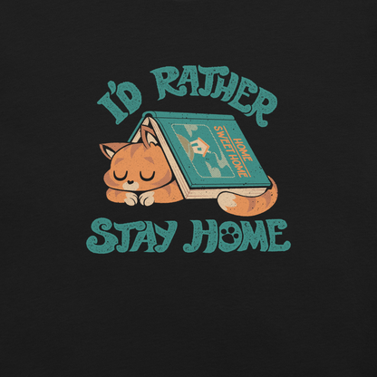 Sleeping orange cat under a book labeled 'Home Sweet Home' with the motto 'I'D RATHER STAY HOME'.