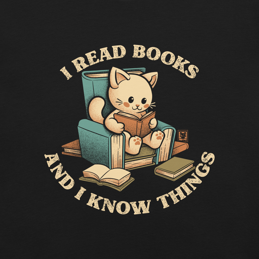An adorable cat is sitting on a stack of books encircled by the sentence "I READ BOOKS AND I KNOW THINGS". Perfect for book lovers, this design combines wit and cuteness, making it a great choice for those who love reading and cats.