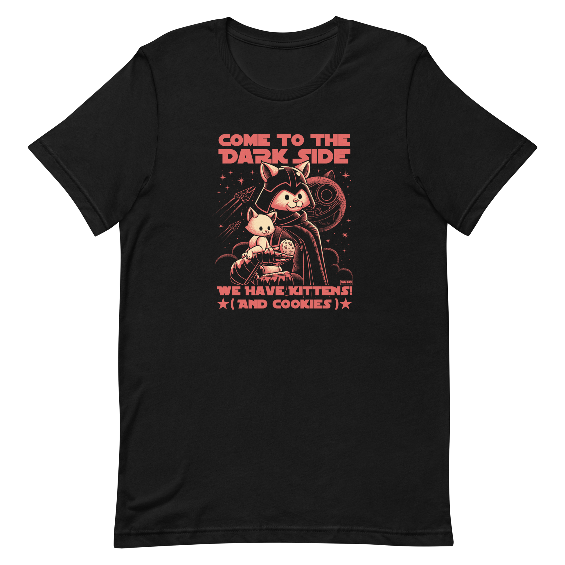 This fun and nerdy design, encircled by the phrase 'COME TO THE DARK SIDE, WE  HAVE KITTENS AND COOKIES', features a feline twist on sci-fi villains, perfect for cat lovers, space fans, and cookie enthusiasts.