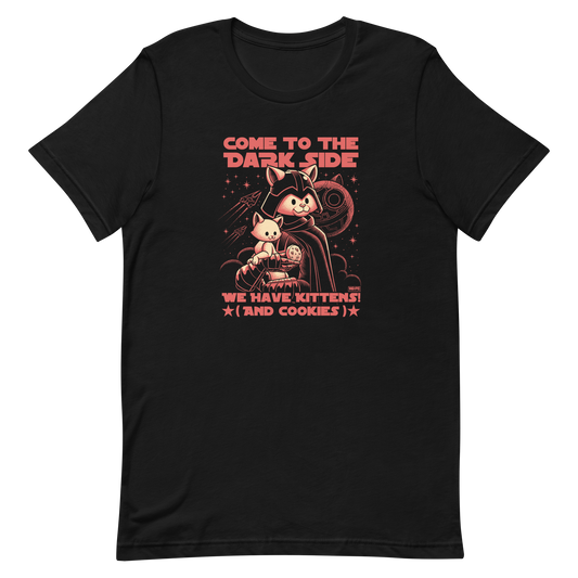 This fun and nerdy design, encircled by the phrase 'COME TO THE DARK SIDE, WE  HAVE KITTENS AND COOKIES', features a feline twist on sci-fi villains, perfect for cat lovers, space fans, and cookie enthusiasts.