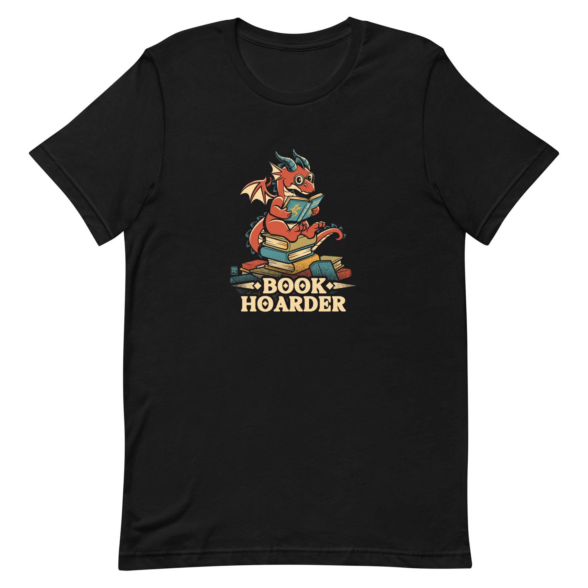 Perched atop his treasure trove of books, this red nerdy dragon is ready to devour epic adventures, magic tales, and fantasy worlds. The words 'BOOK HOARDER' are placed at the bottom of the design.