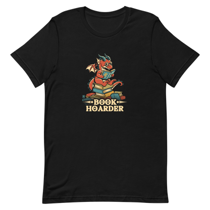 Perched atop his treasure trove of books, this red nerdy dragon is ready to devour epic adventures, magic tales, and fantasy worlds. The words 'BOOK HOARDER' are placed at the bottom of the design.
