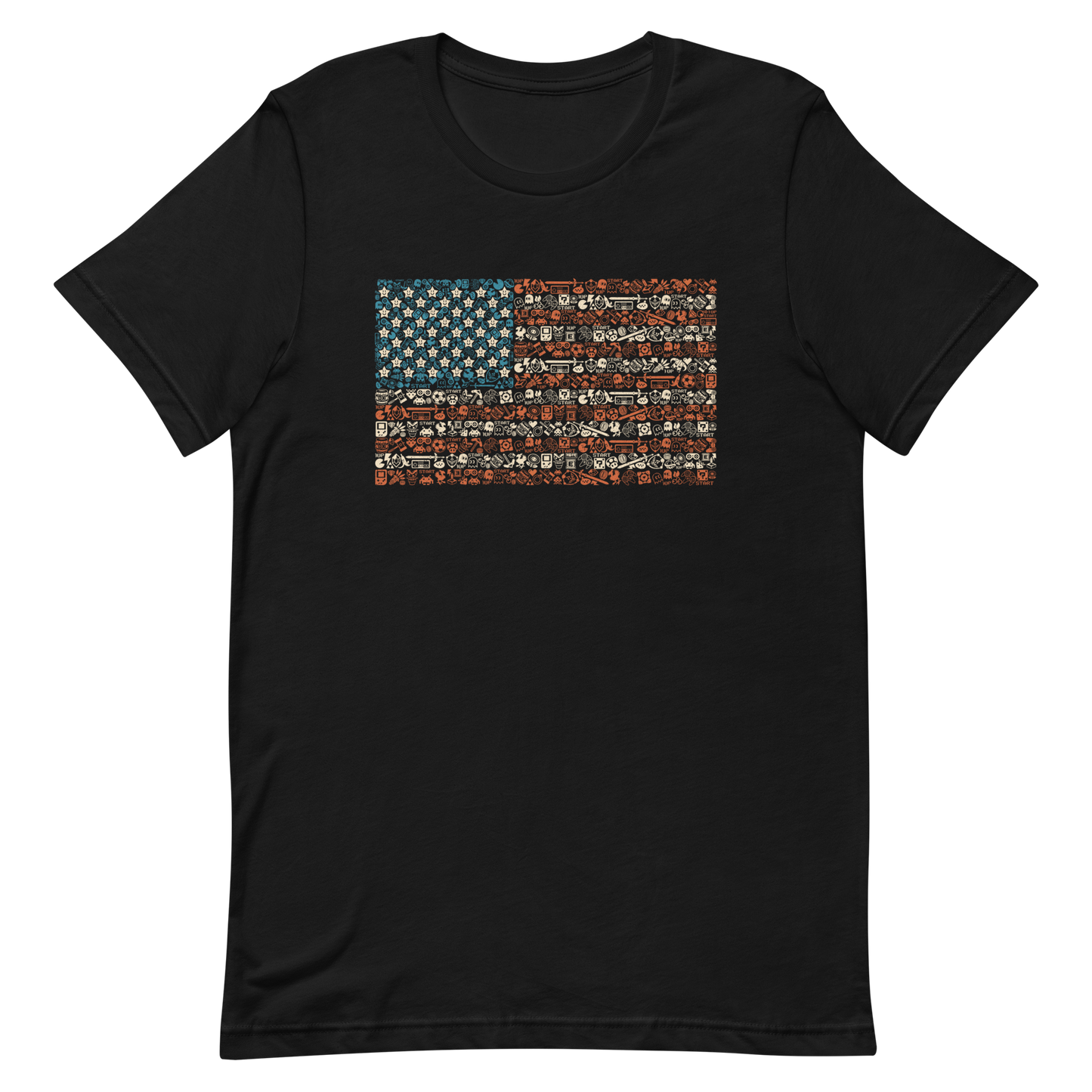 American flag illustration made entirely of retro video game icons, controllers, characters, and symbols in blue, red, and beige, arranged to form the stars and stripes.