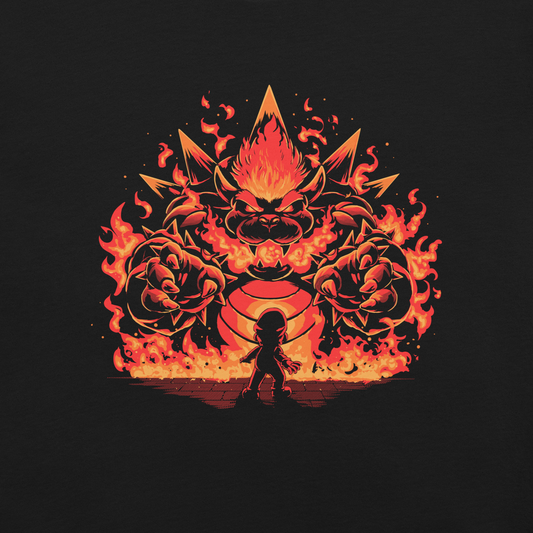 A tiny hero faces a furious, flaming boss way out of his pay grade. Explosive action, fiery humor, and a nod to those epic final battles in classic games.