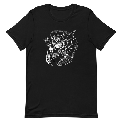 Black-and-white illustration of a gothic anime-style girl with bat wings, holding a magical card while floating cards swirl around her, along with sparkles and a stylized scepter.