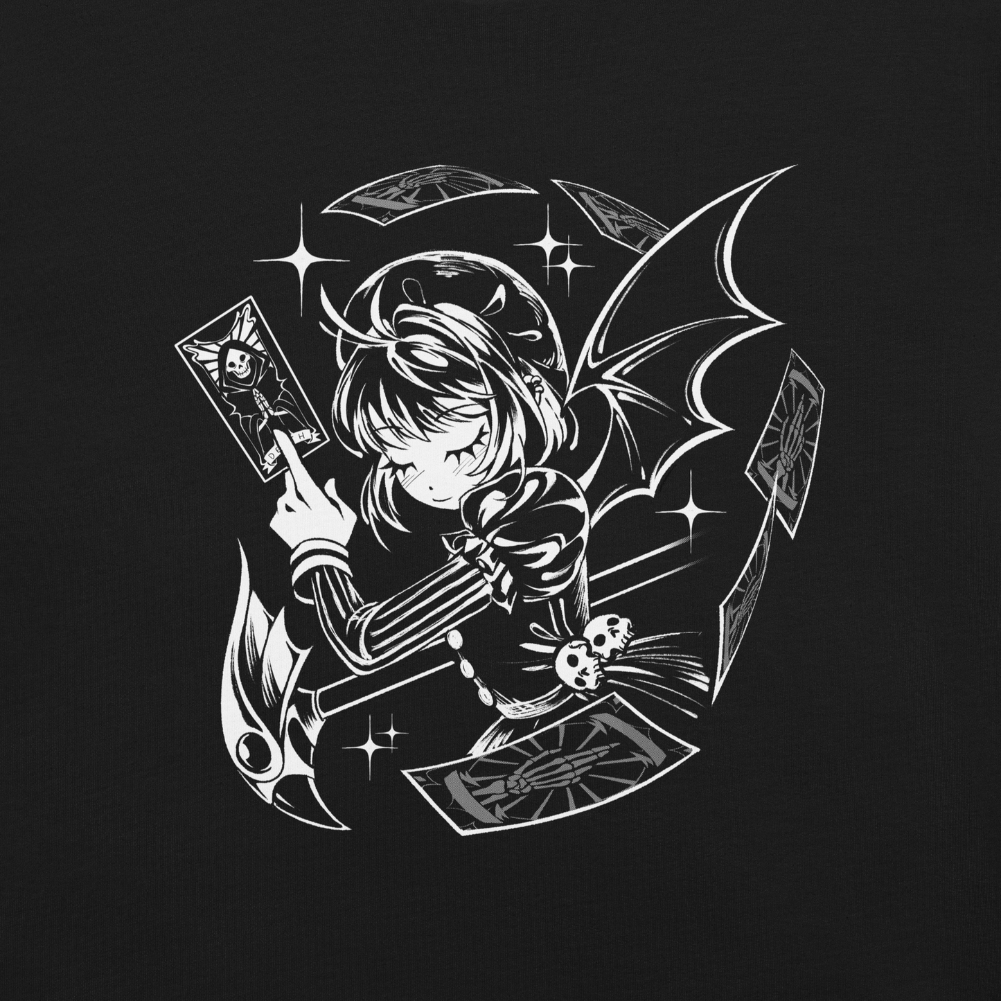 Black-and-white illustration of a gothic anime-style girl with bat wings, holding a magical card while floating cards swirl around her, along with sparkles and a stylized scepter.