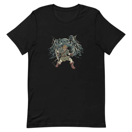 A fierce warrior stands with sword and shield, lightning cracking behind him as he screams in defiance — mixing classic fantasy aesthetics with retro game frustration.