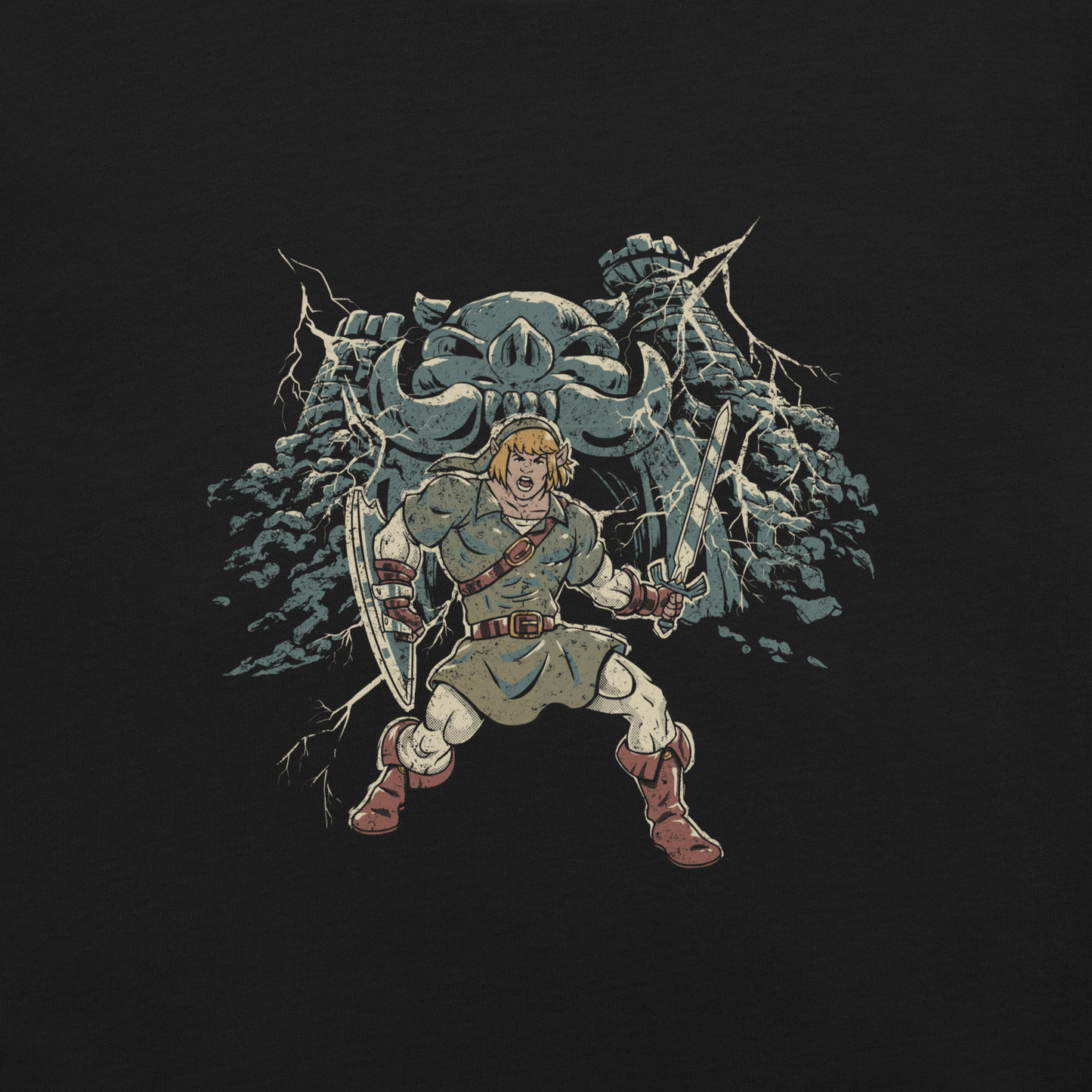 A fierce warrior stands with sword and shield, lightning cracking behind him as he screams in defiance — mixing classic fantasy aesthetics with retro game frustration.