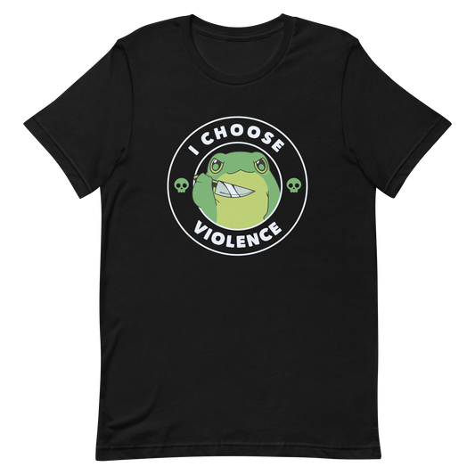 A charming, cartoon-style green frog holds a knife in its hand with a playful yet fierce expression. Encircled by bold text, 'I CHOOSE VIOLENCE,' the design mixes humor with an edge. Two small skulls flank the frog, adding a quirky, rebellious touch to the image. The overall effect balances cuteness and irony in a memorable way.