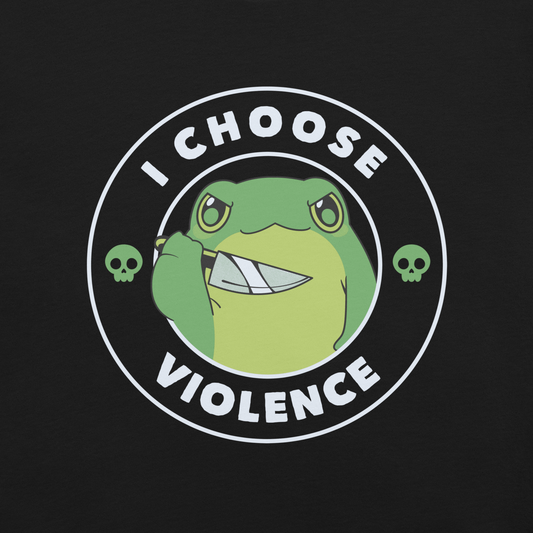 A charming, cartoon-style green frog holds a knife in its hand with a playful yet fierce expression. Encircled by bold text, 'I CHOOSE VIOLENCE,' the design mixes humor with an edge. Two small skulls flank the frog, adding a quirky, rebellious touch to the image. The overall effect balances cuteness and irony in a memorable way.
