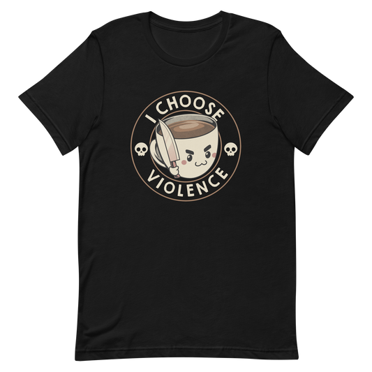 This image features a cute, cartoonish white coffee cup filled with coffee, with a determined facial expression, holding a sharp knife. The cup is framed by the circular text 'I CHOOSE VIOLENCE' in bold letters. On either side of the cup, there are small, white skull icons, adding a humorous yet dark twist to the design.
