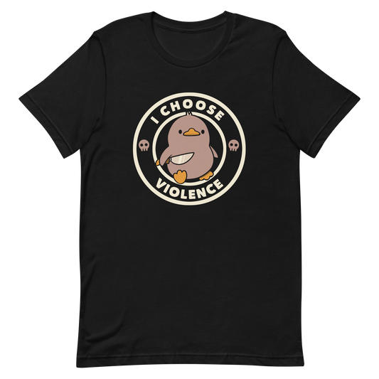 A cute, cartoon-style mocha mousse color duckling stands confidently holding a large knife in its wing. The duckling is encircled by text saying 'I CHOOSE VIOLENCE' in bold white letters. Small skull symbols flank the chick on either side, adding a touch of humor and irony to the otherwise adorable drawing.