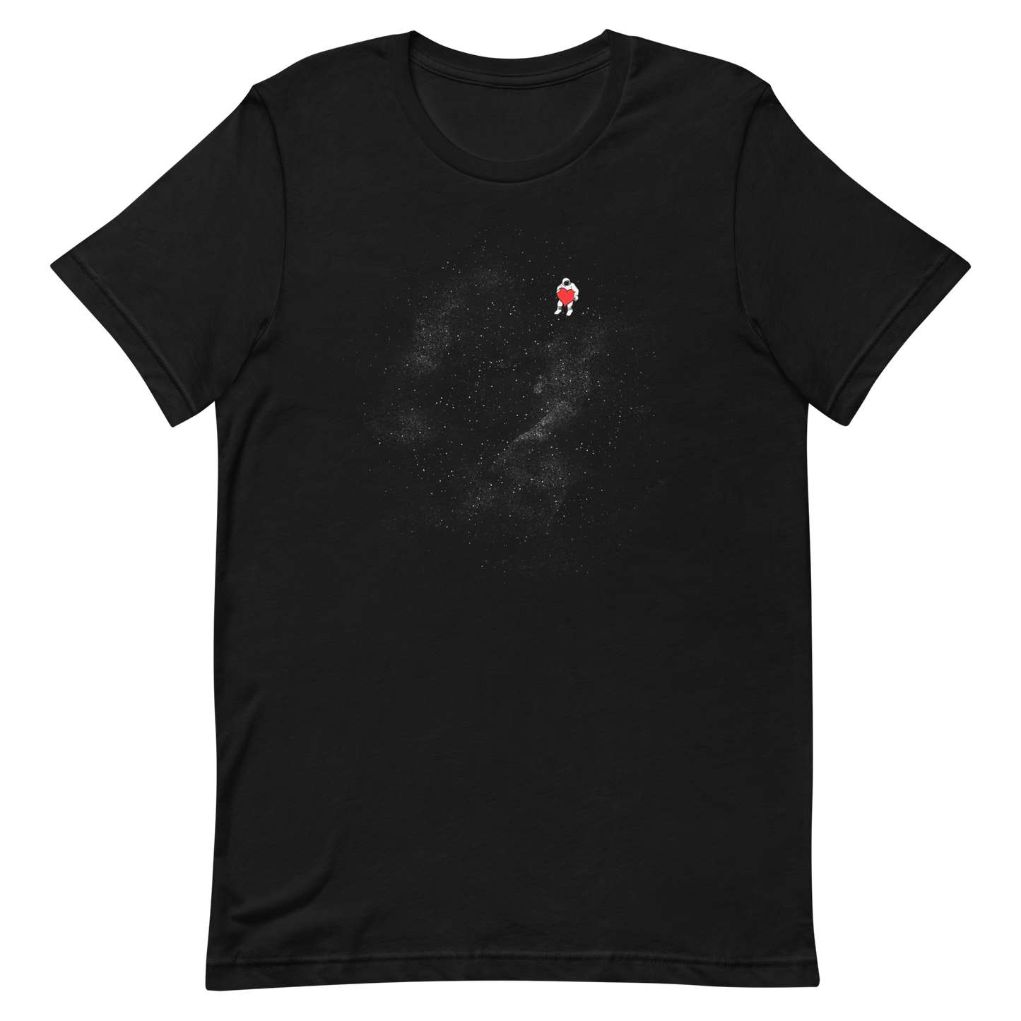 The image depicts a lone astronaut floating in outer space, seemingly sitting on nothing while holding a large, bright red heart. The background is a starry expanse of black, suggesting the vastness and cold emptiness of space. The stark contrast between the dark space and the vibrant heart symbolizes love and loneliness in the cosmos.