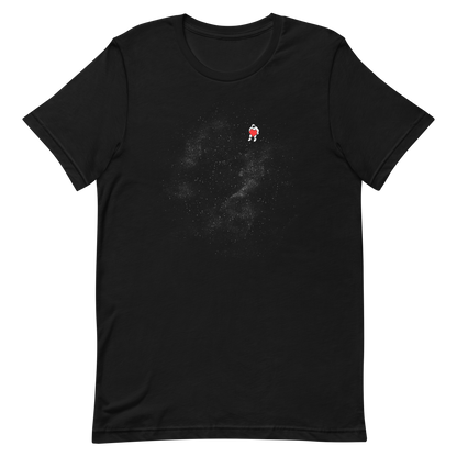 The image depicts a lone astronaut floating in outer space, seemingly sitting on nothing while holding a large, bright red heart. The background is a starry expanse of black, suggesting the vastness and cold emptiness of space. The stark contrast between the dark space and the vibrant heart symbolizes love and loneliness in the cosmos.