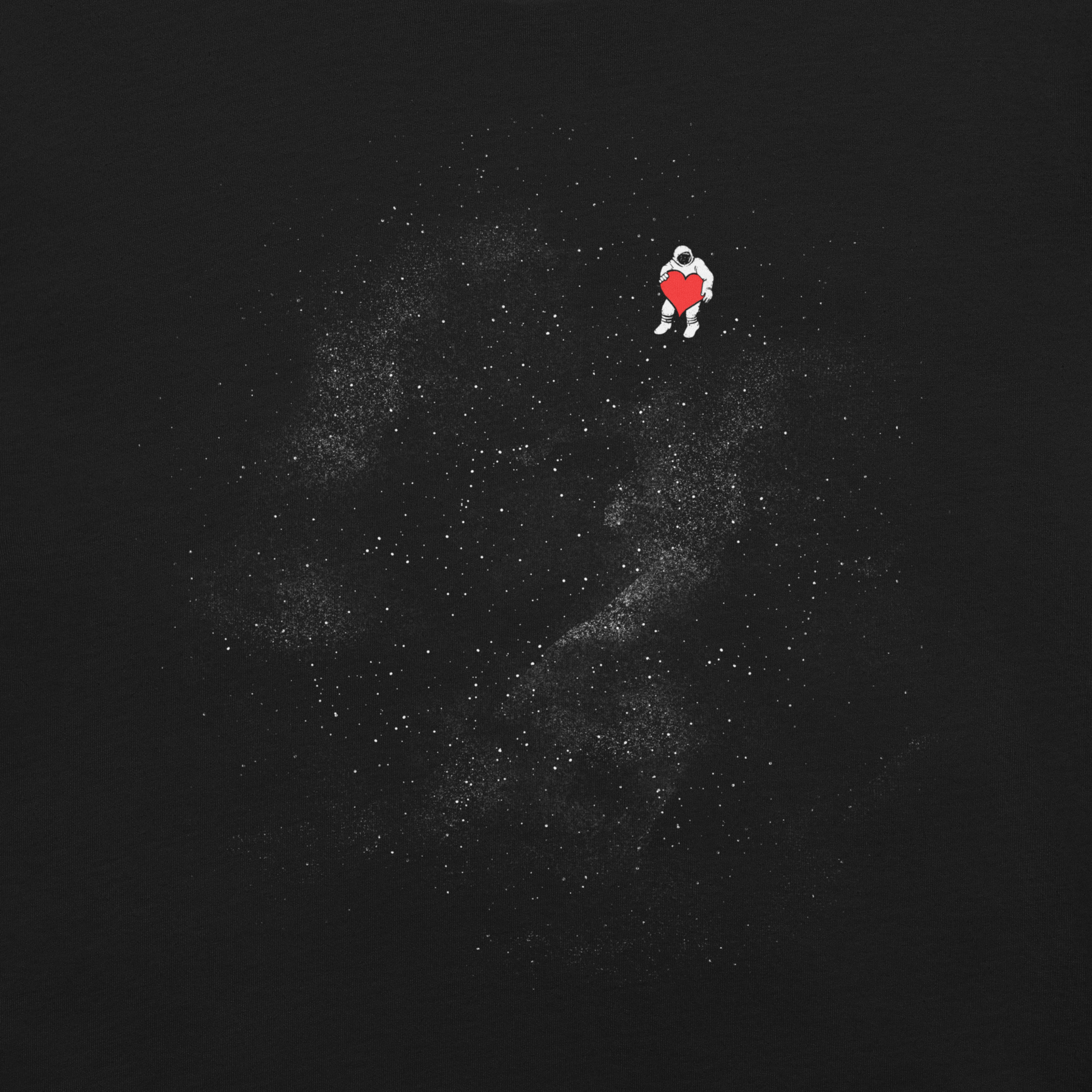The image depicts a lone astronaut floating in outer space, seemingly sitting on nothing while holding a large, bright red heart. The background is a starry expanse of black, suggesting the vastness and cold emptiness of space. The stark contrast between the dark space and the vibrant heart symbolizes love and loneliness in the cosmos.
