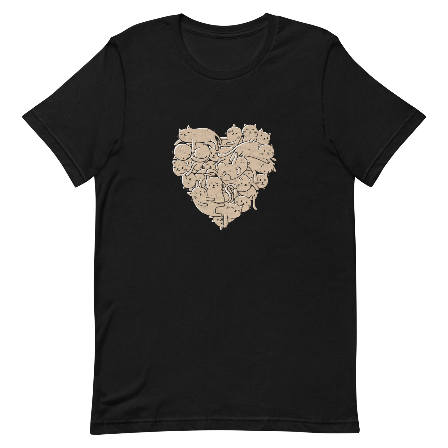 The image showcases an anatomical heart shape filled with numerous small, simple, and cute cartoon-like cat illustrations in a light brown tone. The overall style is whimsical and playful, combining elements of illustration and pop culture art.