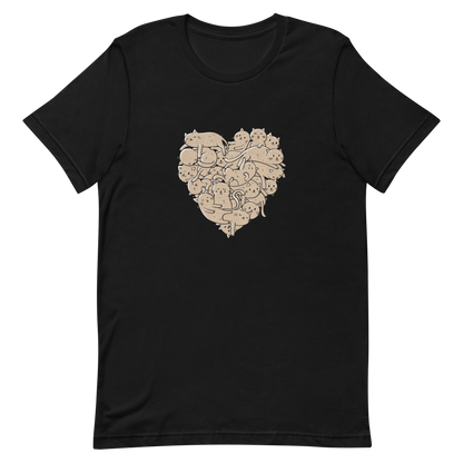 The image showcases an anatomical heart shape filled with numerous small, simple, and cute cartoon-like cat illustrations in a light brown tone. The overall style is whimsical and playful, combining elements of illustration and pop culture art.