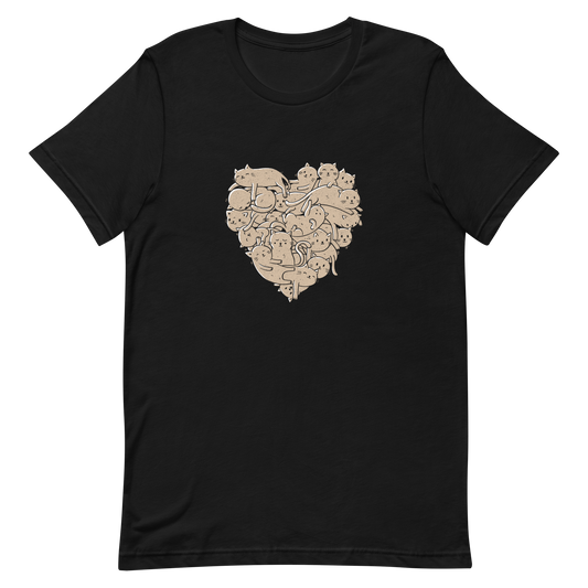 The image showcases an anatomical heart shape filled with numerous small, simple, and cute cartoon-like cat illustrations in a light brown tone. The overall style is whimsical and playful, combining elements of illustration and pop culture art.