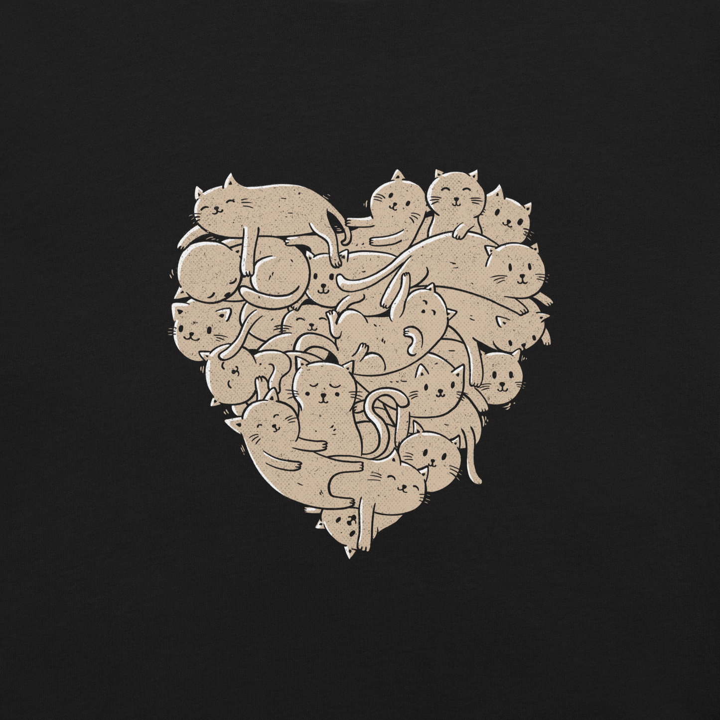 The image showcases an anatomical heart shape filled with numerous small, simple, and cute cartoon-like cat illustrations in a light brown tone. The overall style is whimsical and playful, combining elements of illustration and pop culture art.