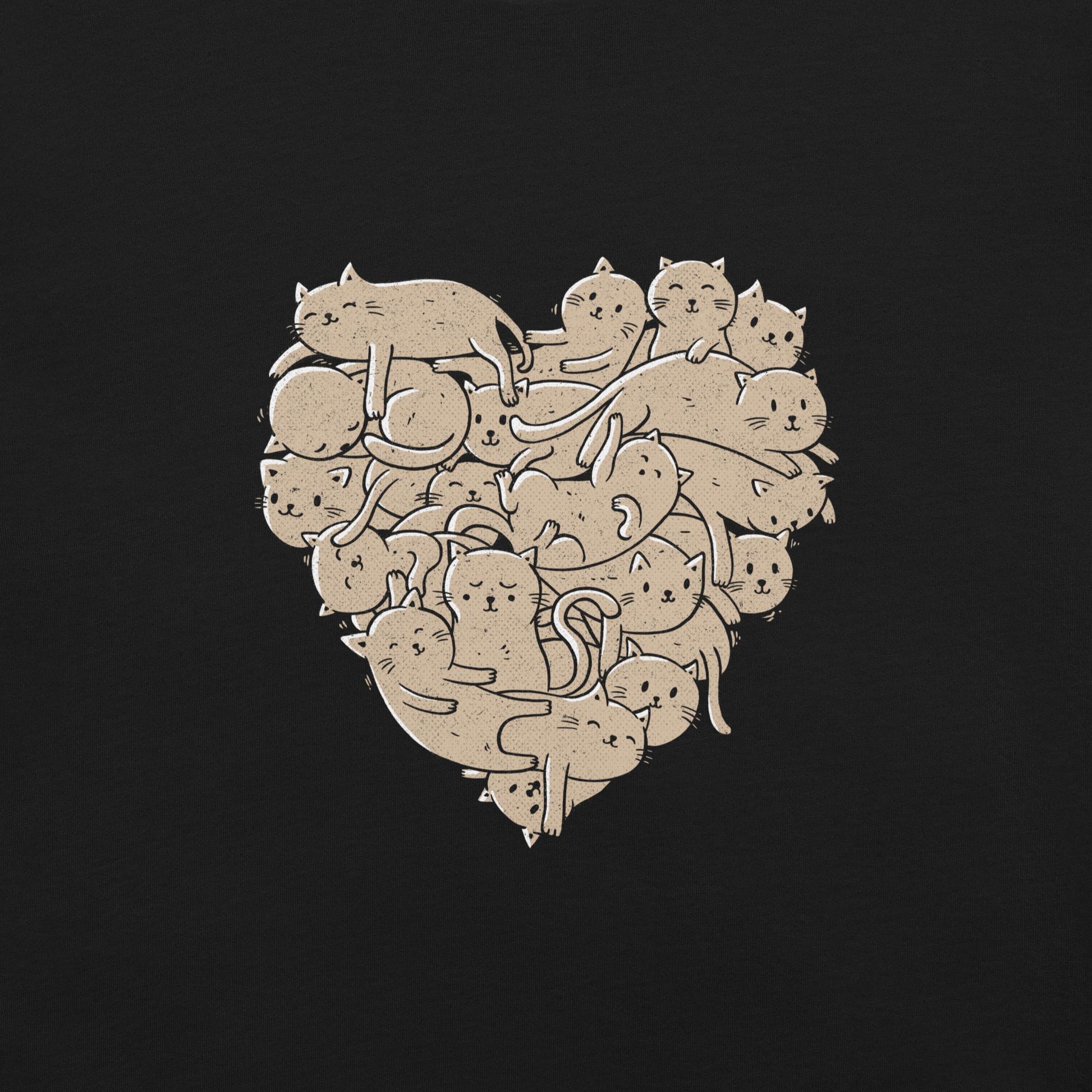 The image showcases an anatomical heart shape filled with numerous small, simple, and cute cartoon-like cat illustrations in a light brown tone. The overall style is whimsical and playful, combining elements of illustration and pop culture art.