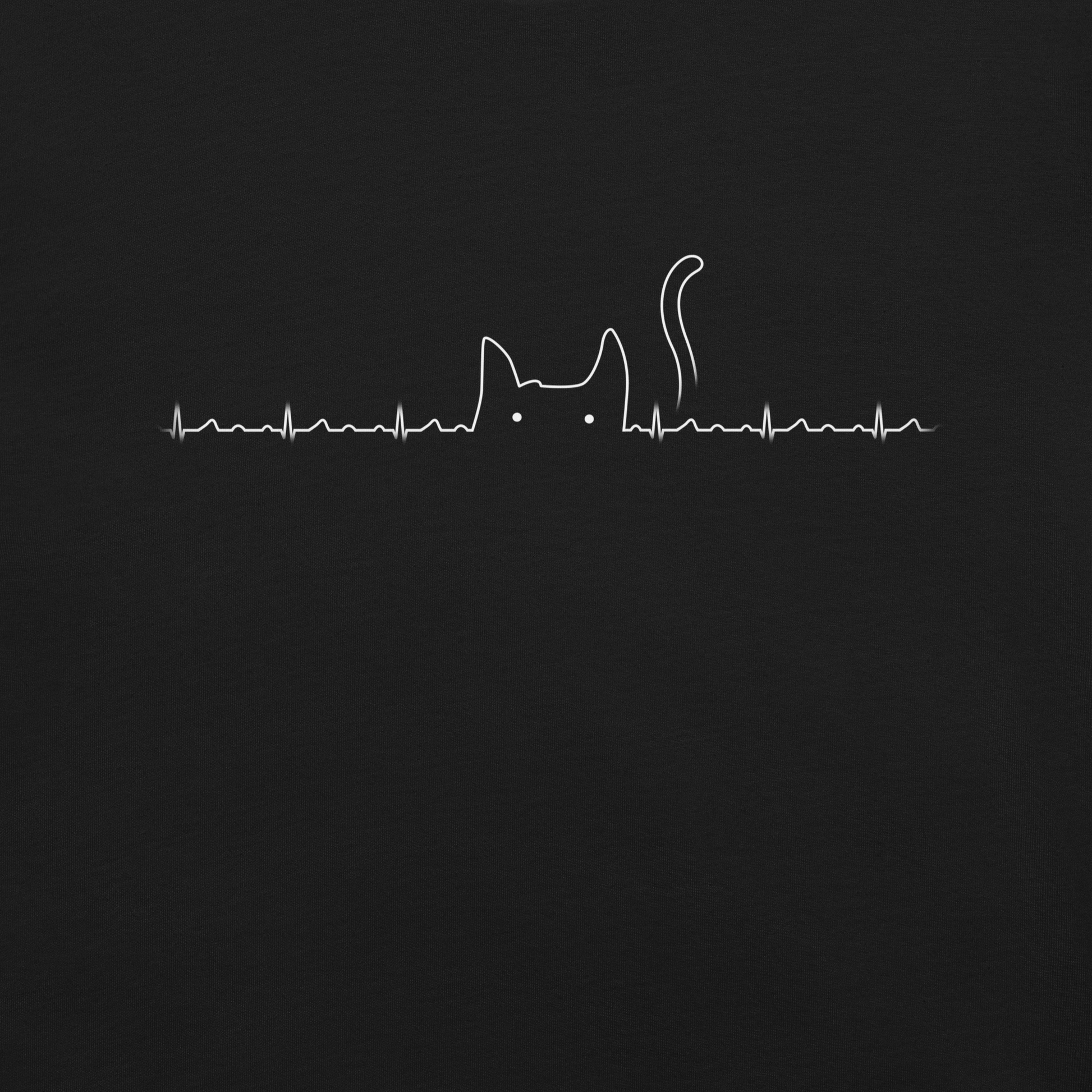 The drawing has a black background with a continuous white line depicting an electrocardiogram. Midway through, the line morphs into the minimalist outline of a cat's head with pointed ears and a tail, with two small white dots representing its eyes. The drawing creatively combines the elements of a heartbeat line and a simple cat illustration.