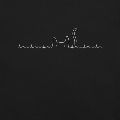 The drawing has a black background with a continuous white line depicting an electrocardiogram. Midway through, the line morphs into the minimalist outline of a cat's head with pointed ears and a tail, with two small white dots representing its eyes. The drawing creatively combines the elements of a heartbeat line and a simple cat illustration.