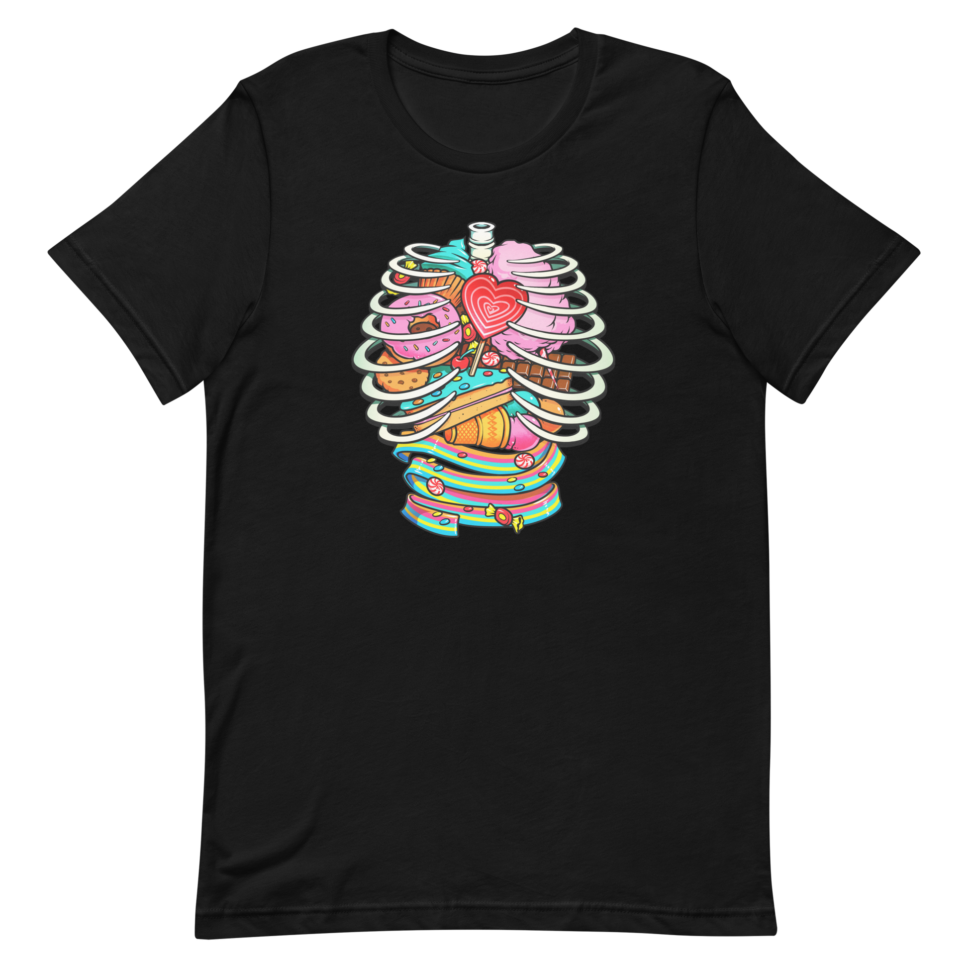 This vibrant design features a detailed, cartoonish human ribcage with various colorful candies and sweets filling the cavity. The sweets include a heart-shaped lollipop, cookies, cotton candy, chocolate bars, ice cream, donuts, and colorful candy strips. The style is reminiscent of pop art with bold lines and vivid colors, making it visually striking and playful.