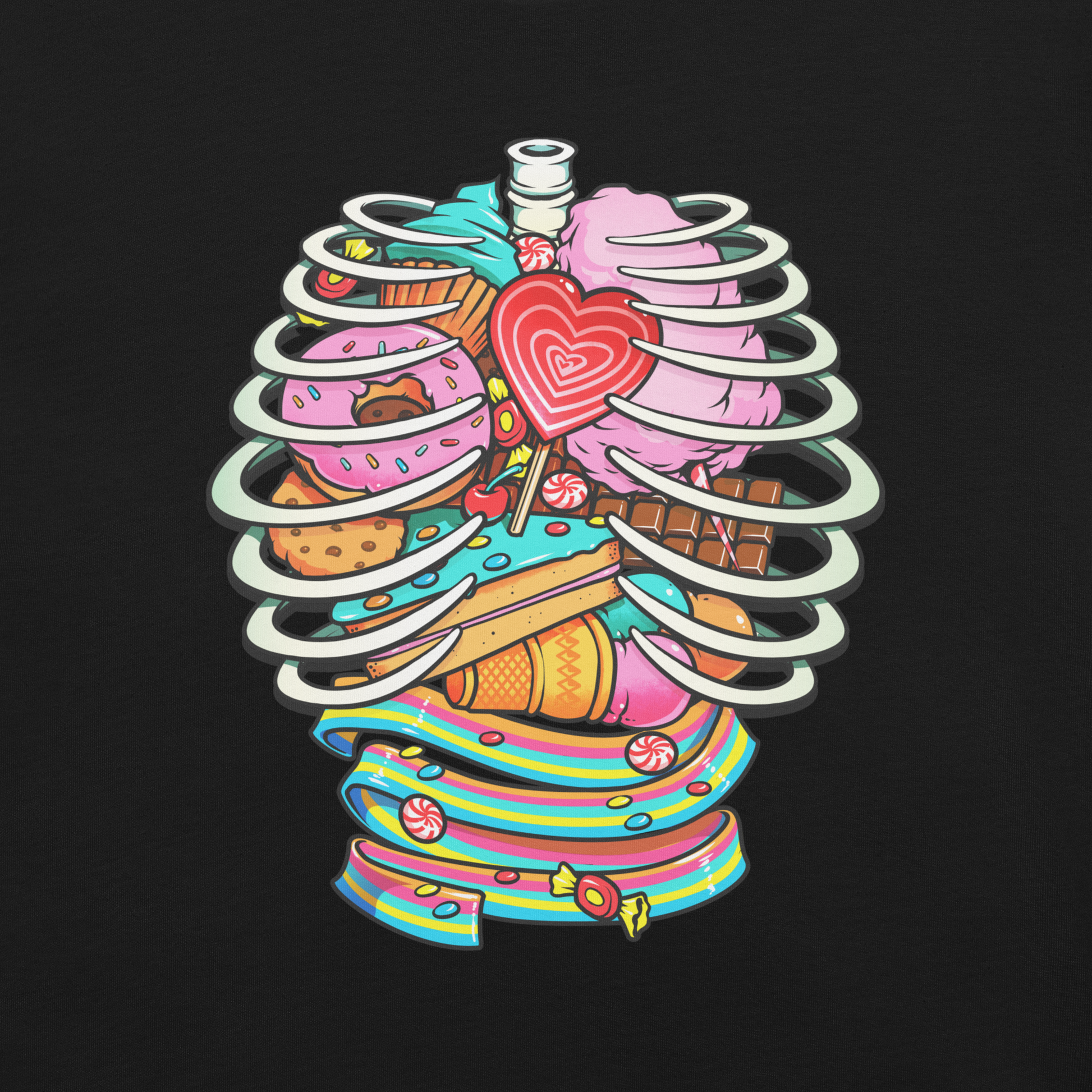 This vibrant design features a detailed, cartoonish human ribcage with various colorful candies and sweets filling the cavity. The sweets include a heart-shaped lollipop, cookies, cotton candy, chocolate bars, ice cream, donuts, and colorful candy strips. The style is reminiscent of pop art with bold lines and vivid colors, making it visually striking and playful.