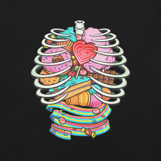 This vibrant design features a detailed, cartoonish human ribcage with various colorful candies and sweets filling the cavity. The sweets include a heart-shaped lollipop, cookies, cotton candy, chocolate bars, ice cream, donuts, and colorful candy strips. The style is reminiscent of pop art with bold lines and vivid colors, making it visually striking and playful.