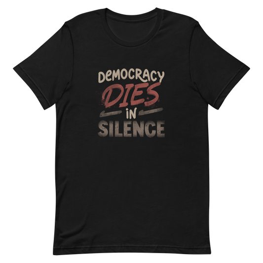 The artwork features the phrase "Democracy Dies in Silence" in bold typography, with the word "Dies" highlighted in deep red. It symbolizes the importance of speaking out, acting, and fighting to preserve democracy and fundamental rights. Ideal for activists, free speech advocates, and those engaged in social and political causes.