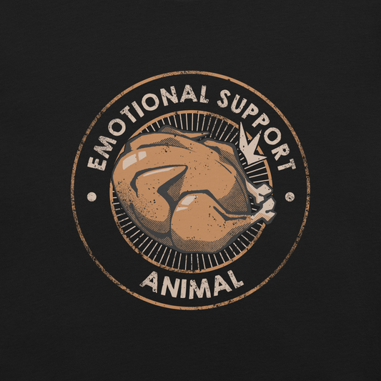This artwork features a perfectly roasted chicken inside a badge with the bold words “Emotional Support Animal”. A hilarious twist on the concept of comfort food. Ideal for foodies, sarcastic souls, and anyone who finds emotional balance in a good roast.