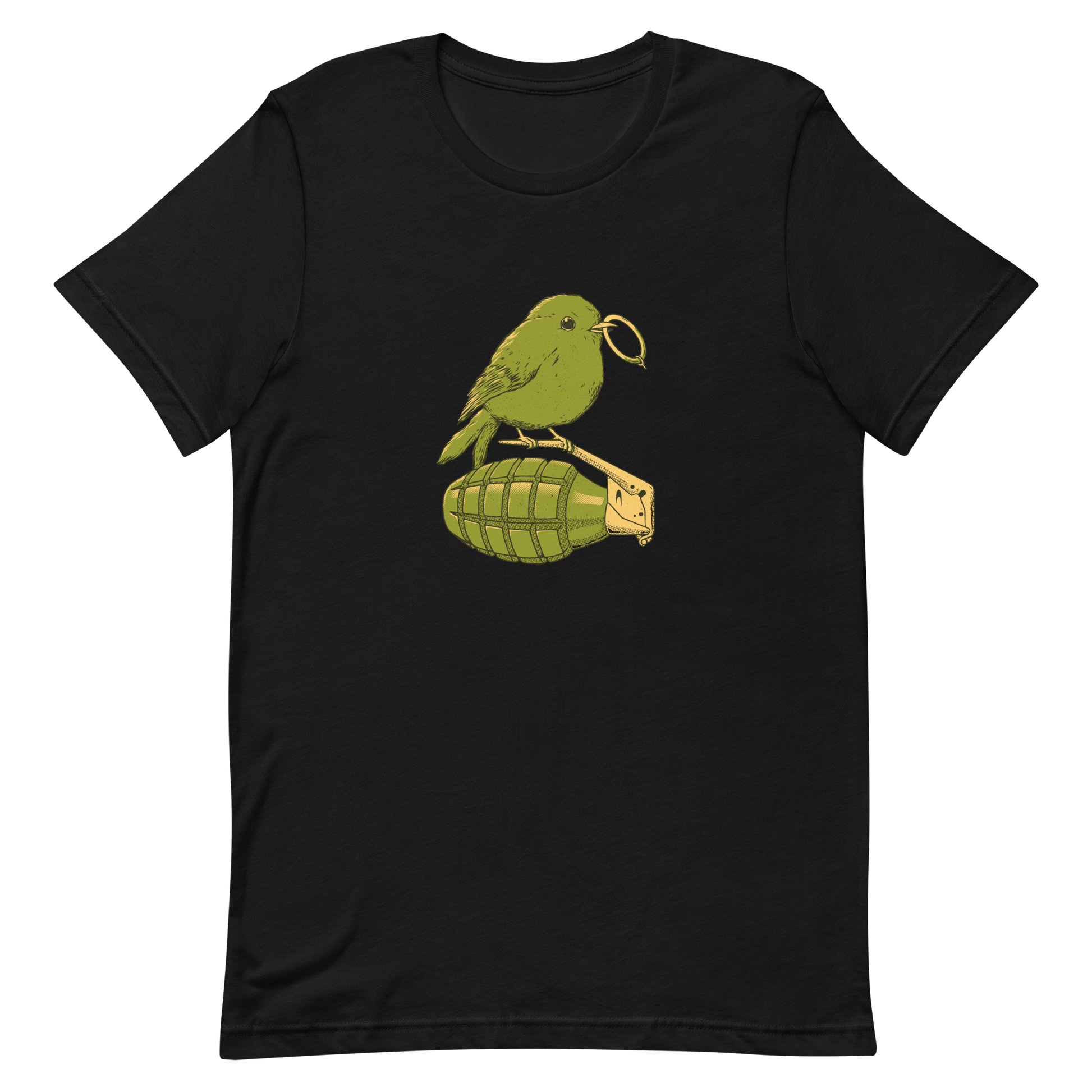 A small, detailed bird with a realistic style perches on top of a hand grenade. The bird holds the pin of the grenade in its beak, giving the image a whimsical yet ironic feel. The color palette consists of shades of green and tan, with a playful blend of nature and military elements. The overall vibe is quirky and thought-provoking, blending humor with a hint of danger.