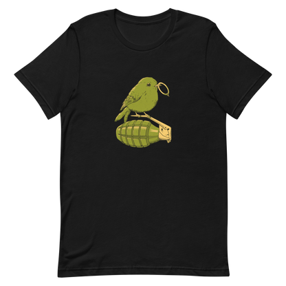 A small, detailed bird with a realistic style perches on top of a hand grenade. The bird holds the pin of the grenade in its beak, giving the image a whimsical yet ironic feel. The color palette consists of shades of green and tan, with a playful blend of nature and military elements. The overall vibe is quirky and thought-provoking, blending humor with a hint of danger.