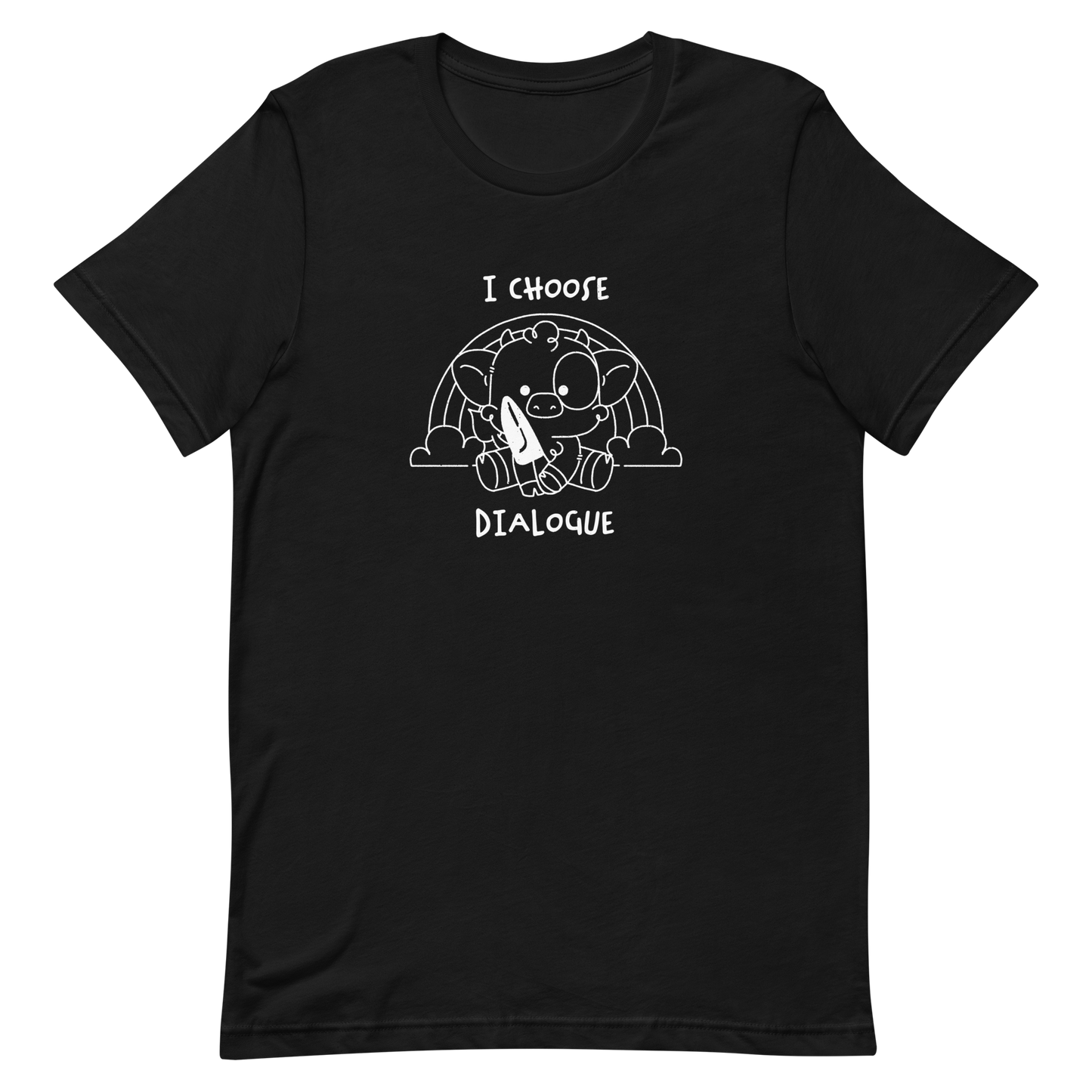 An adorable cow holds a knife while sitting in front of a rainbow, accompanied by the phrase “I Choose Dialogue.” This design combines sweetness and irony to create a fun and unexpected contrast. It’s a great gift for those who enjoy subtle humor and designs that combine cuteness with a touch of irreverence.