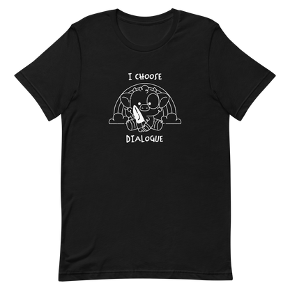 An adorable cow holds a knife while sitting in front of a rainbow, accompanied by the phrase “I Choose Dialogue.” This design combines sweetness and irony to create a fun and unexpected contrast. It’s a great gift for those who enjoy subtle humor and designs that combine cuteness with a touch of irreverence.