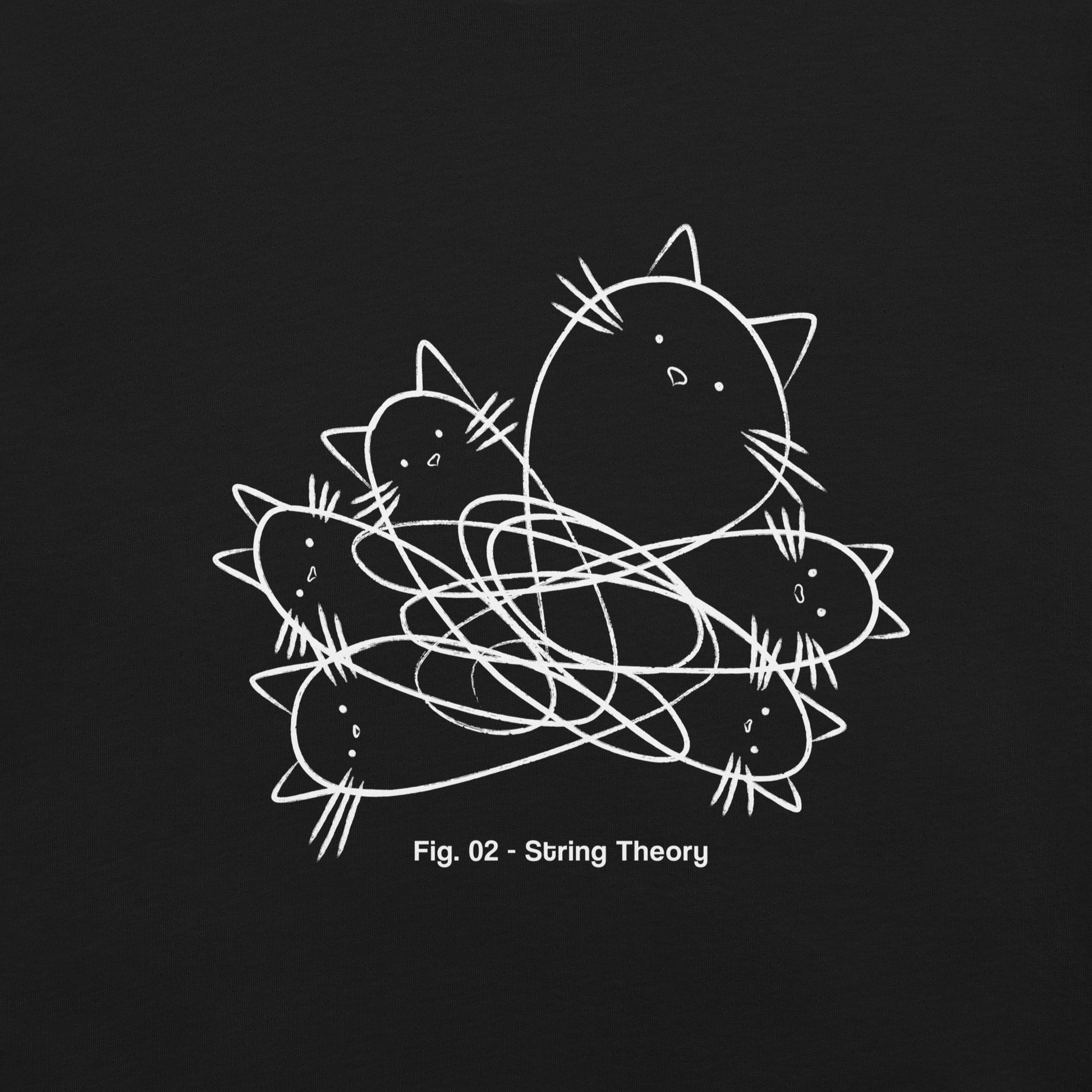 A group of cute kittens tangled in strings, as if playing with yarn. This design visually plays on the concept of "String Theory," blending science and humor. Ideal for cat lovers, science buffs, and anyone who enjoys fun and clever prints.