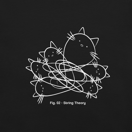 A group of cute kittens tangled in strings, as if playing with yarn. This design visually plays on the concept of "String Theory," blending science and humor. Ideal for cat lovers, science buffs, and anyone who enjoys fun and clever prints.