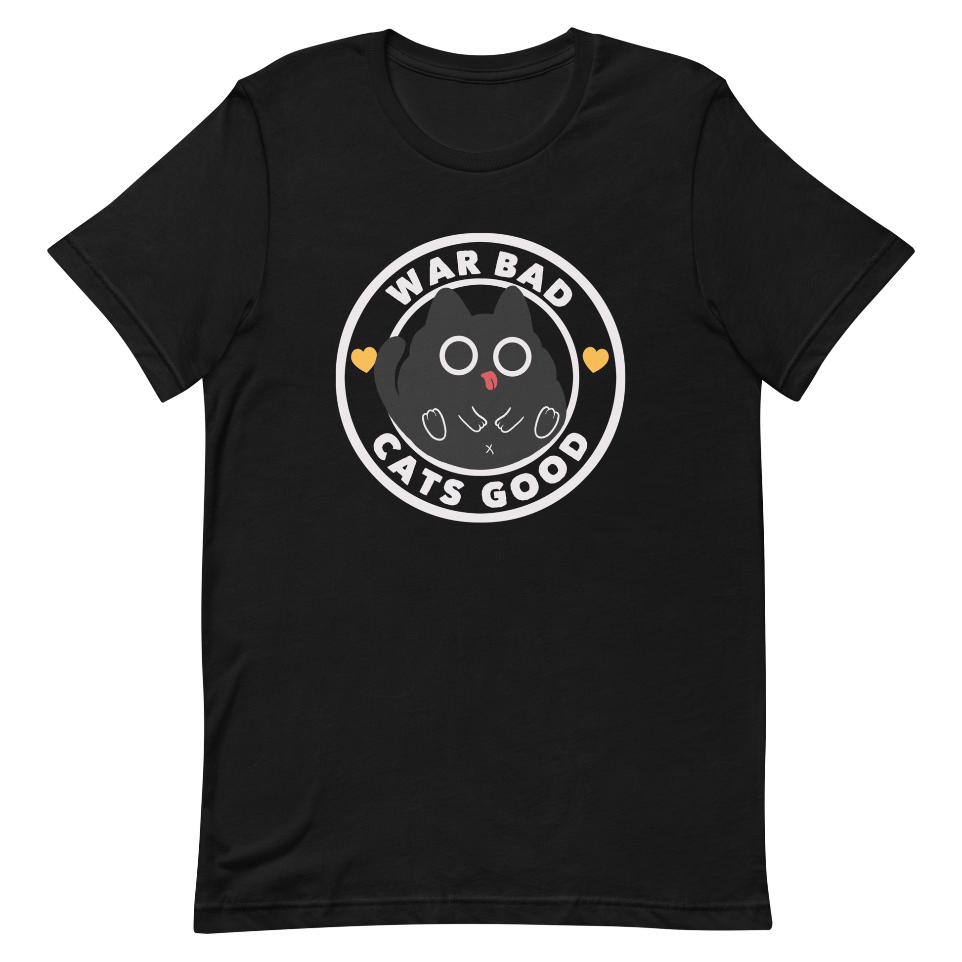 A chubby black cat with big round eyes sits in the center of a circle with the words “War Bad, Cats Good.” This artwork mixes cuteness with a powerful message, reminding us that peace and love always win over conflict. Perfect for cat lovers, peace advocates, and anyone who enjoys playful yet meaningful designs.