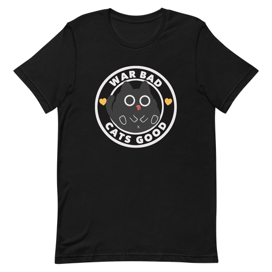 A chubby black cat with big round eyes sits in the center of a circle with the words “War Bad, Cats Good.” This artwork mixes cuteness with a powerful message, reminding us that peace and love always win over conflict. Perfect for cat lovers, peace advocates, and anyone who enjoys playful yet meaningful designs.