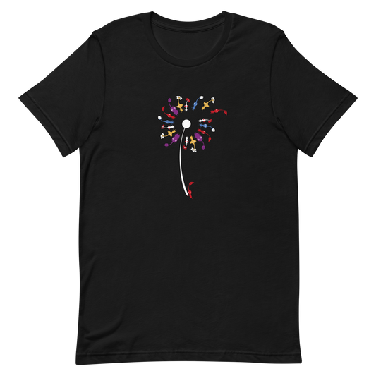 A bright dandelion transforms into a burst of colorful characters floating like seeds in the wind. This artwork blends the magic of nature with a playful twist, turning a simple wish into an imaginative adventure. Perfect for fans of whimsical designs and those who love creative and joyful art.
